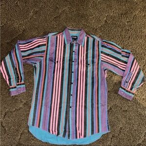 Vintage 90s WRANGLER Men’s  16-34 Blue Purple Striped Button Brushpopper Shirt